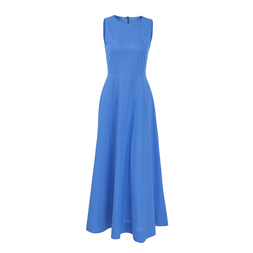 Womens Blue Crew-Neck Cotton-Linen Dress, Tank-Style Long Skirt