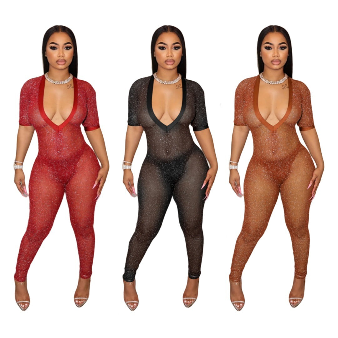 Moderigtig Semi-transparent Jumpsuit med Bred V-hals