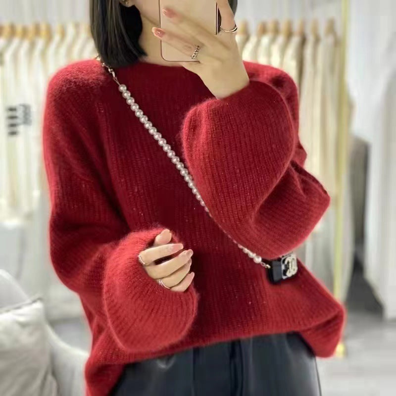 Round Neck Lantern Sleeve Knitted Sweater Lazy Style