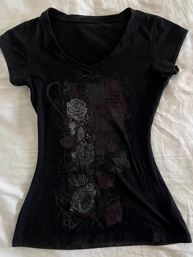 Printed Straight-shoulder Short-sleeve T-shirt With A Fitted Waist