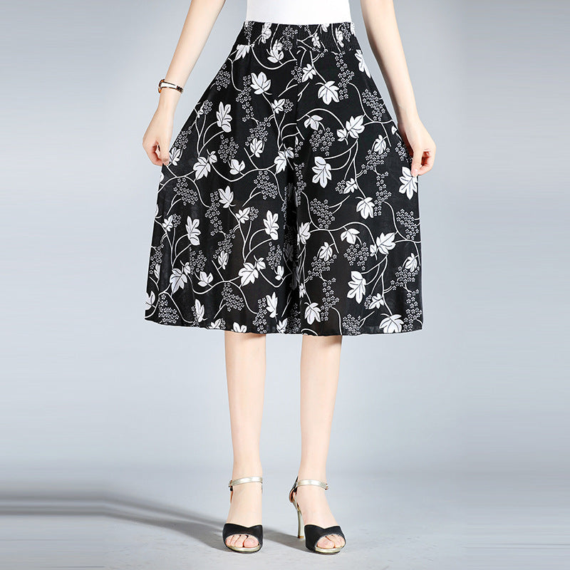 Summer Middle-aged And Elderly Women's Floral Elastic Waist Culottes