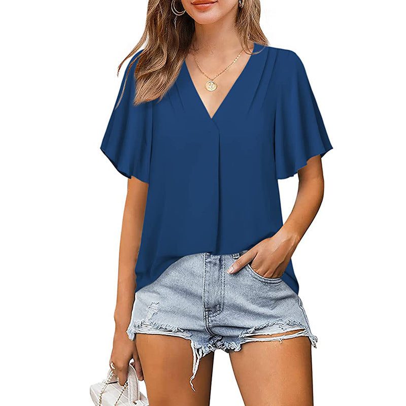 Chiffon With V-shaped Shape Pleated Loose Shirt