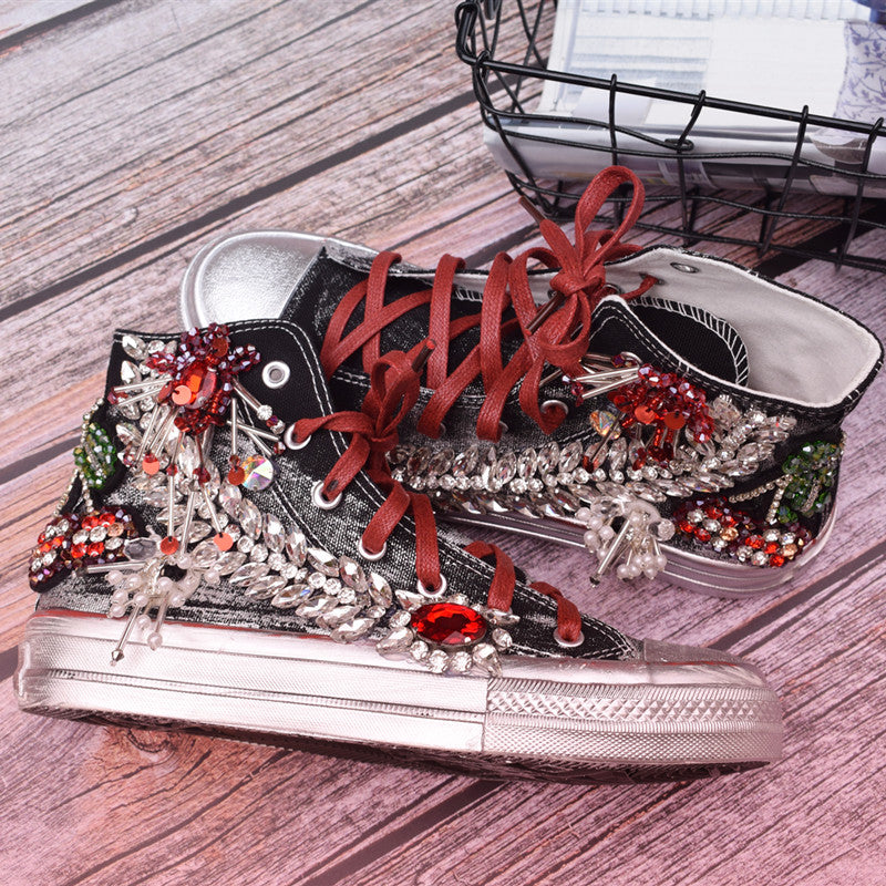 Beaded Three-dimensional Flower Color Matching Western Style High-top Canvas Women's Shoes