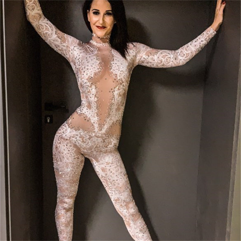 Women's Fashion Print Full Diamond Long-sleeved Jumpsuit