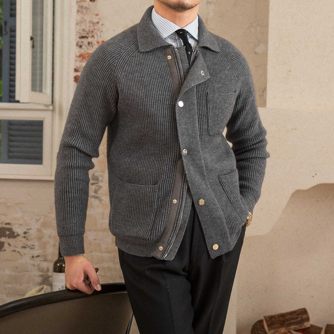 Men's Lapel Warm Coat Knitted Thick Cardigan Jacket