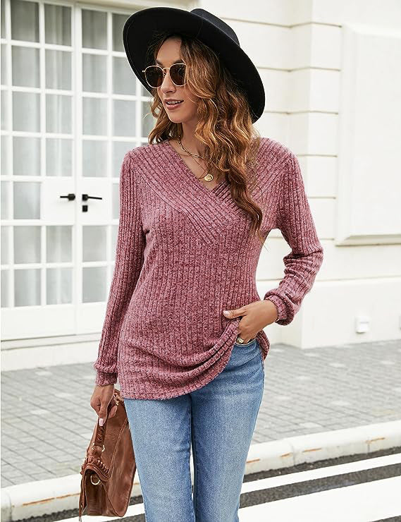 V-neck Casual Top Ribbed Pullover Hoodie For Women