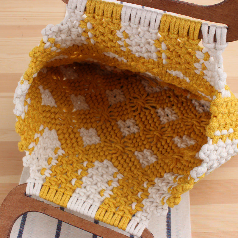 Female  Wood Plaid Straw Lace Portable Leisure Hand Carry Cotton Rope Braided Bag