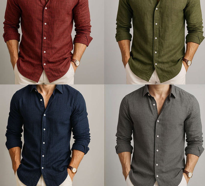 Men's Loose Plus Size Solid Color Shirt Linen Lapel Long Sleeve Casual Shirt