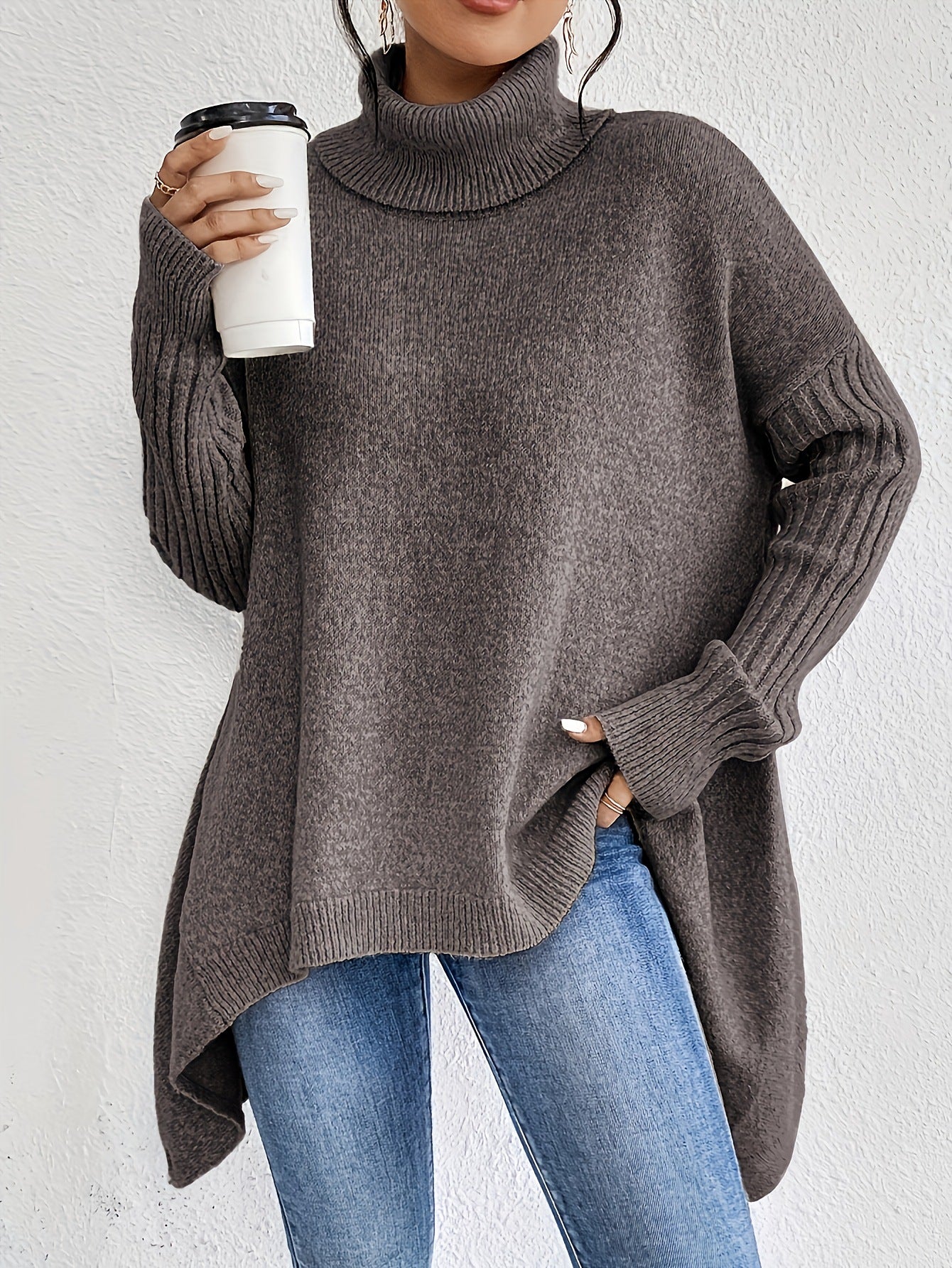Uregelmæssig rullekrave-sweater Vinter løs langærmet striktoppe Fritids varm pullover-sweater Dametøj