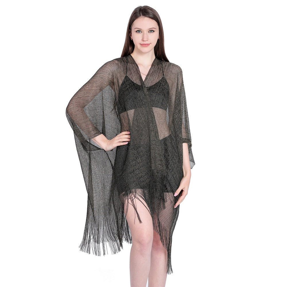 Gold And Silver Ribbon Sleeve Split Shawl Holiday Bikini Blouse Sunscreen Clothes