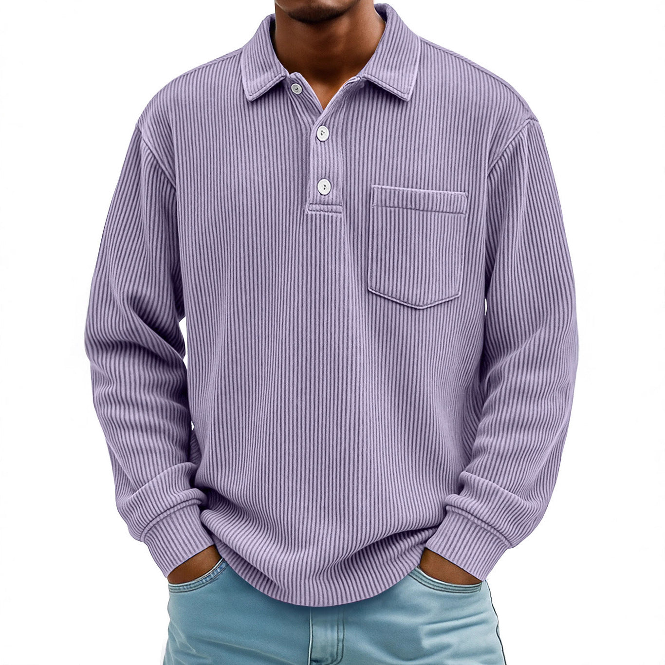Mens Long-sleeve Polo Shirt Casual Corduroy-striped Top