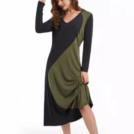 Color-Block Patchwork V-Neck T-Shirt Long-Sleeve Dress