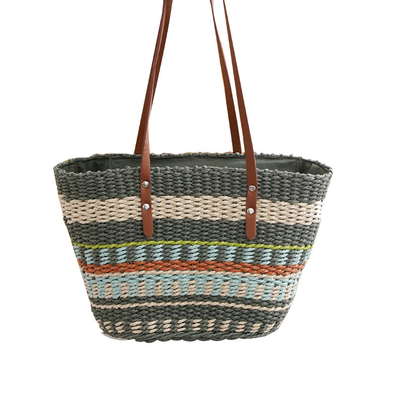Colorful Striped Grass Braided Soft Leather Put Handbag Women's Large Capacity Braided