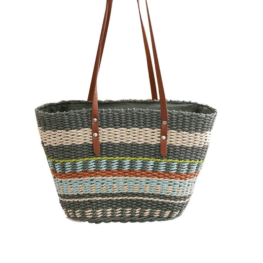Colorful Striped Grass Braided Soft Leather Put Handbag Women's Large Capacity Braided