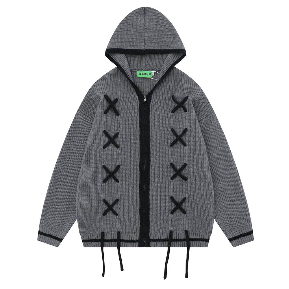 Contrast Color Rope Design Loose Casual Cardigan