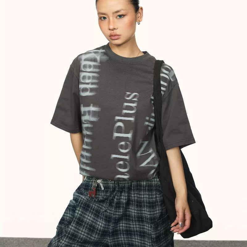 Fuzzy Font Round Neck Short Sleeve Retro Distressed