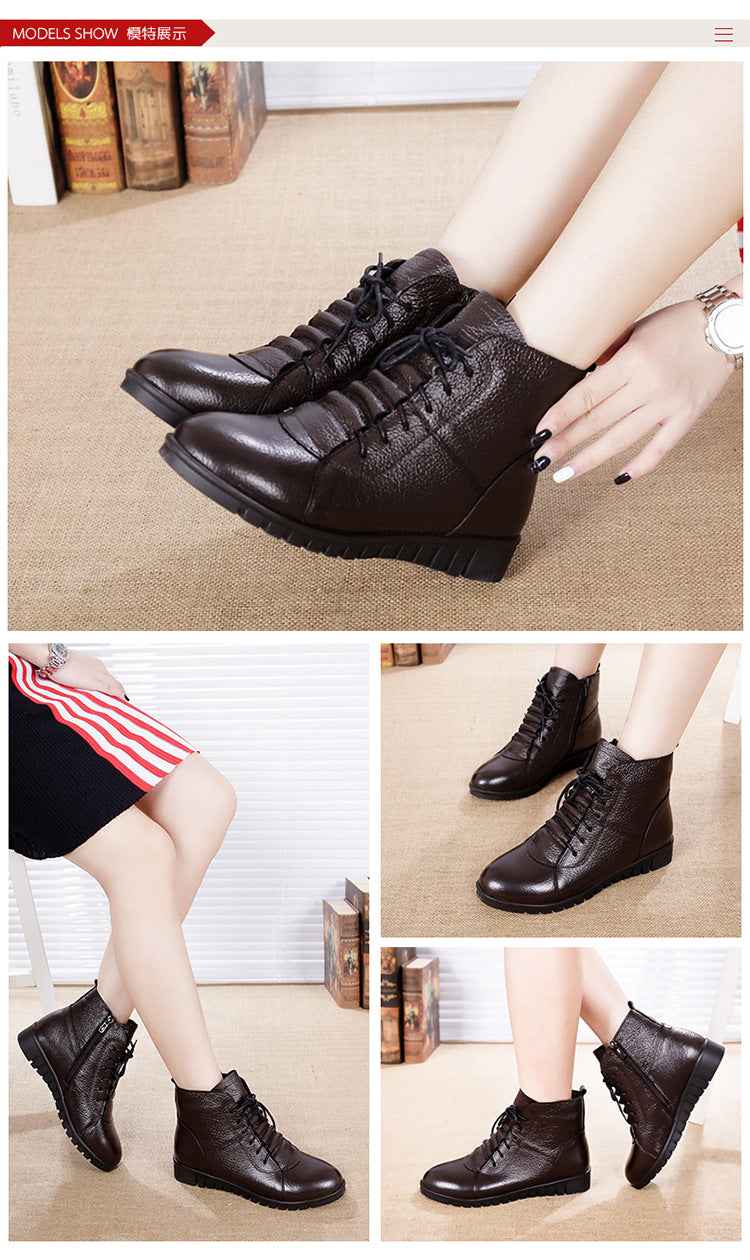 Winter Women's Shoes Leather Non Slip Short Boots Women's Mother's Cotton Shoes Lace Up Snow Boots Women's Warm Shoes Short Boots