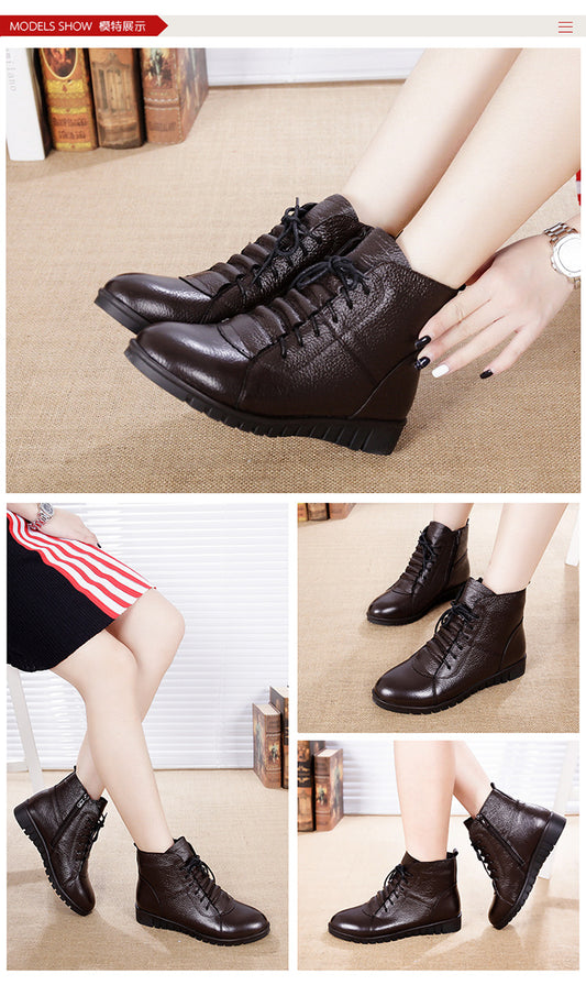 Winter Women's Shoes Leather Non Slip Short Boots Women's Mother's Cotton Shoes Lace Up Snow Boots Women's Warm Shoes Short Boots