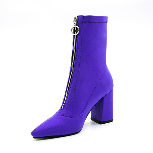 Short Boots Summer Breathable Stretch Boots High Heel Chunky Heel Pointed Toe Front Zipper Fashionable Boots Large Size Shoes