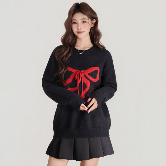 Women's Contrast Bow Round Neck Knitted Thick Long Sleeve Sweater