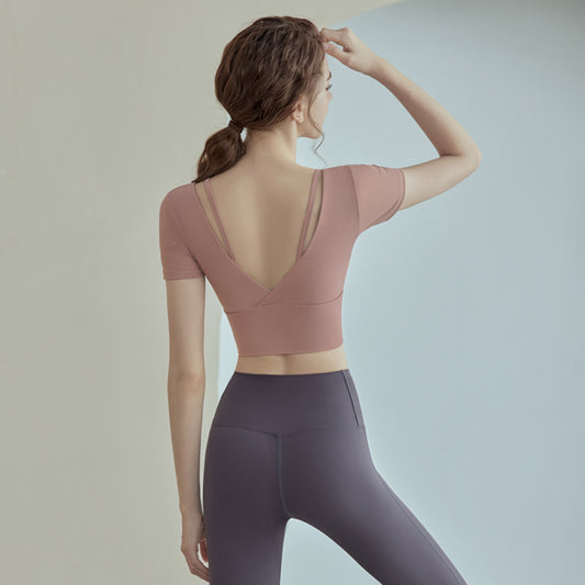 New Womens Solid-color Short-sleeve Yoga Set