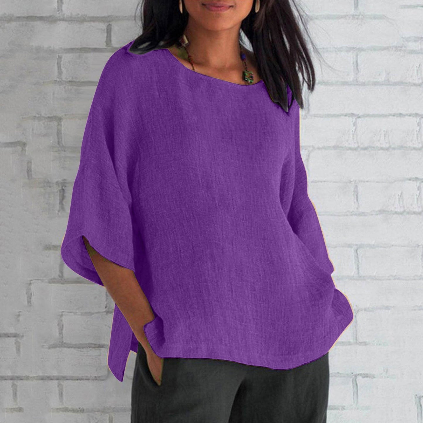 Women's Three-quarter Sleeve Round Neck Cotton And Linen Shirt Top