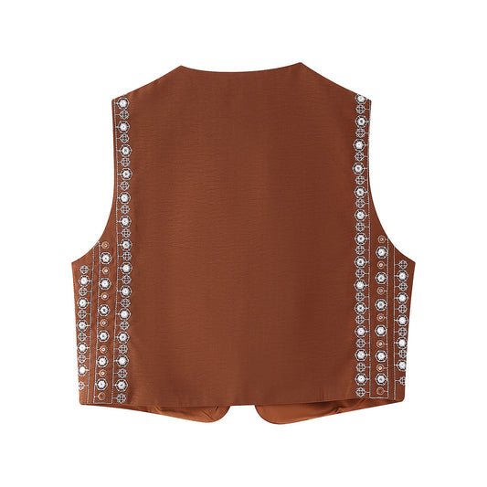 New Autumn Fast-Fashion Beaded Embroidery VestChesnut