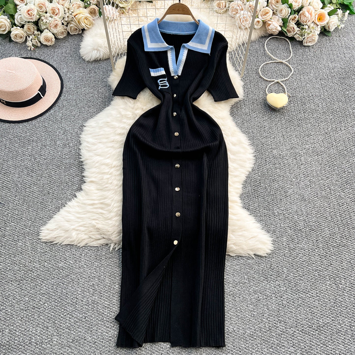 Womens Embroidered Defined-Waist Knitted Dress