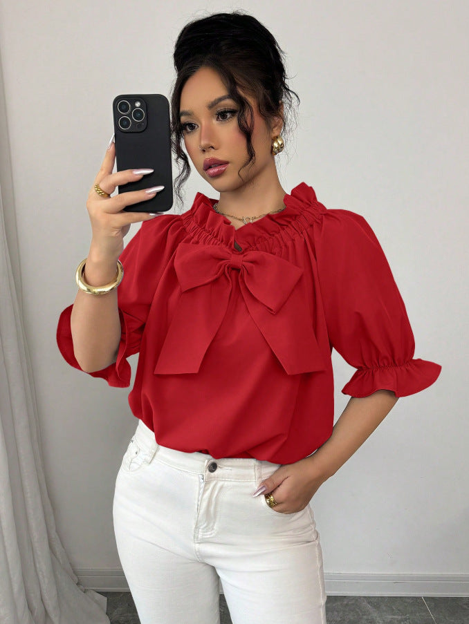Womens Boat-neck Top With Ruffled Edges And A Bow Detail