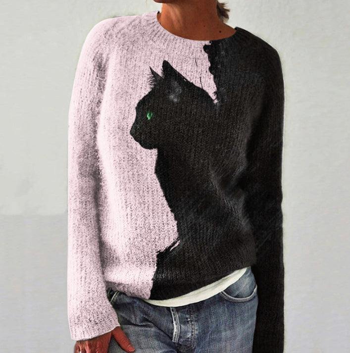 Womens Casual Printed Drop-Shoulder Long-Sleeve Sweater