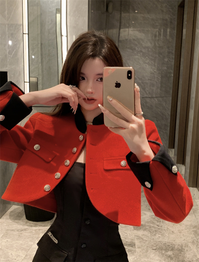 Celebrity Temperament British Retro Stitching Contrast Color Coat