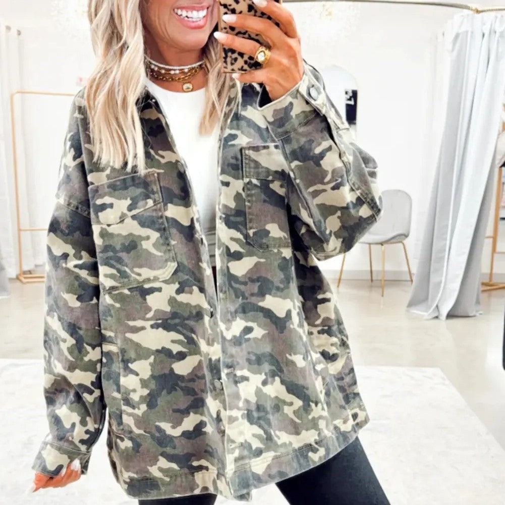 Green Camo Chest Pockets Loose Jean Jacket