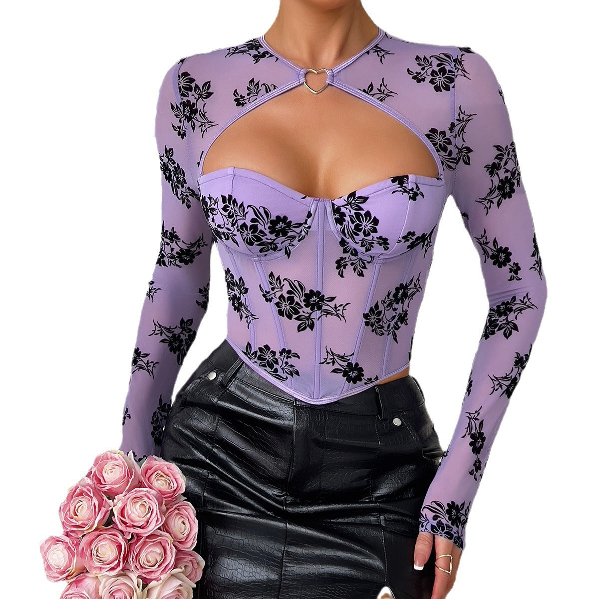 Hot Girl Cutout Sexy Low Cut Long Sleeve Top