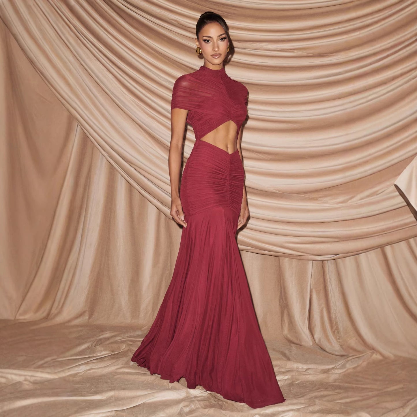 Pleated Cutout Figure-hugging Dress With A High Waist And 3D Detailing