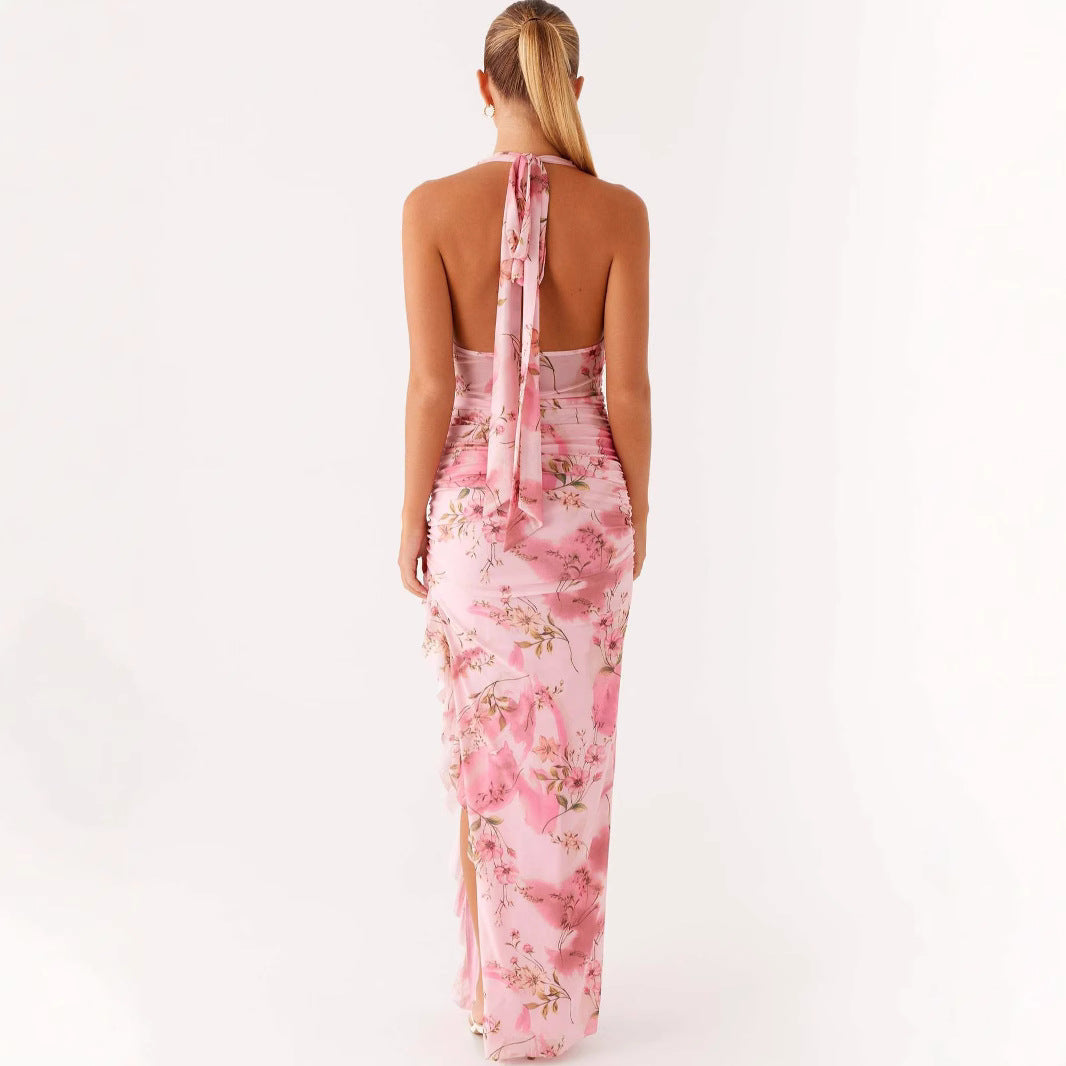 Body-hugging Halter-neck Sexy V-neck Dress With Ruffled Hem And Side Slit