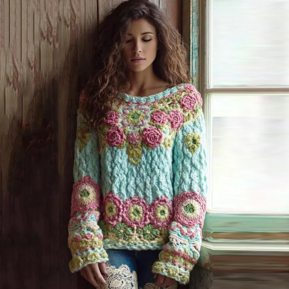 Little Flower Digital Printed Round Neck Sweater