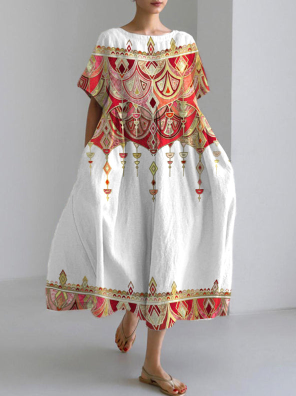 Digital-print Short-sleeve Loose Plus-size Dress For Women