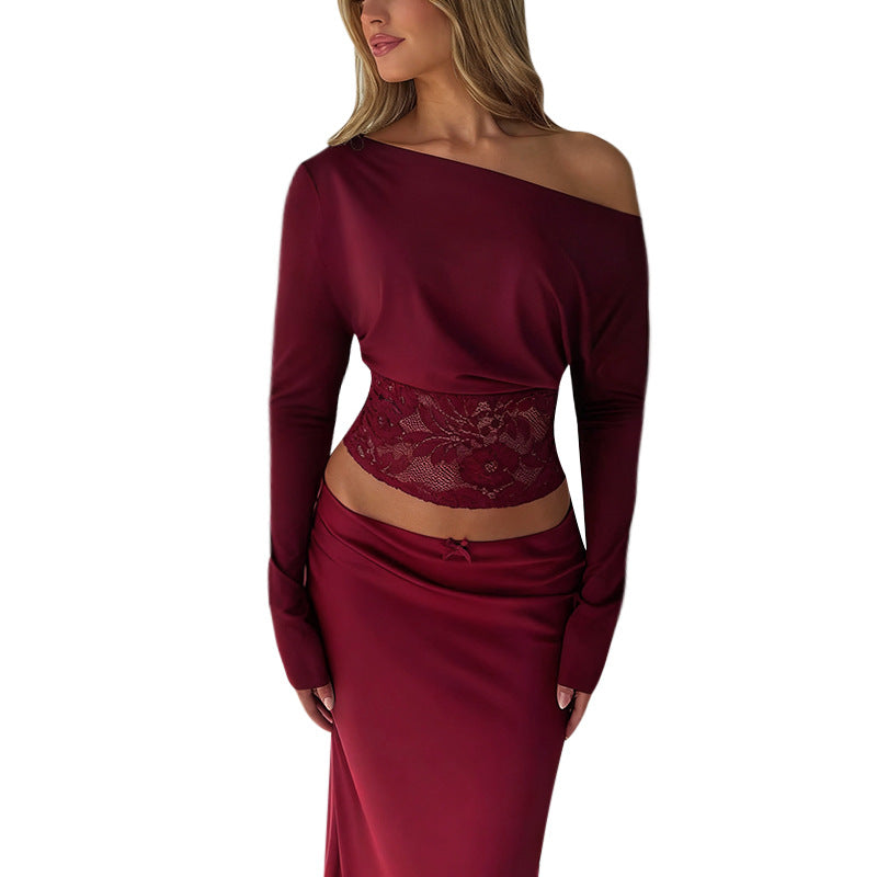 Women's Lace Patchwork Asymmetric Shoulder Top