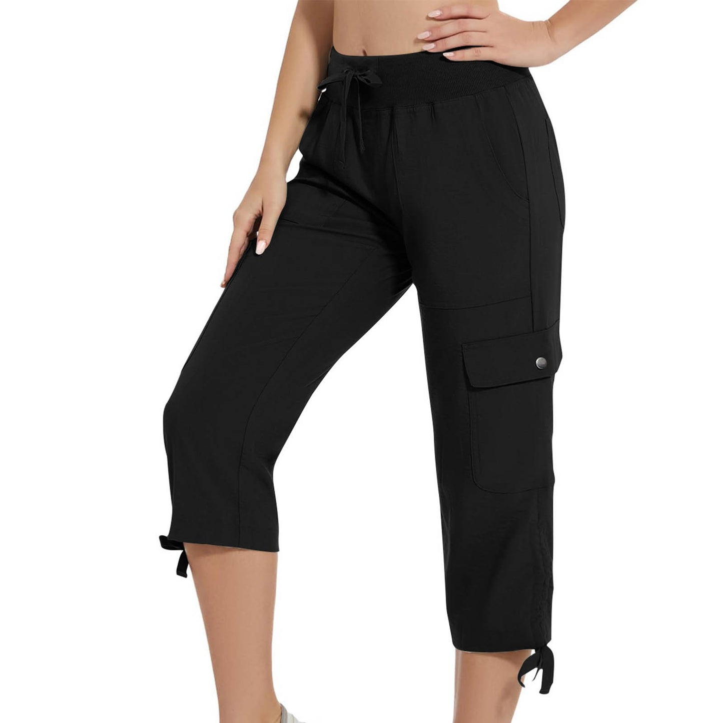Womens Workwear Cropped Pants With Pockets And Elastic Waistband Stylish And Casual