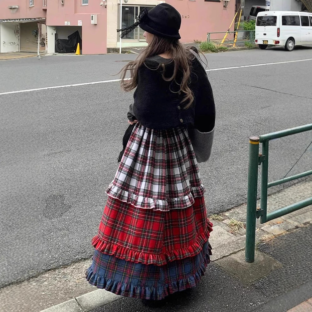 American-style Retro Lace Color Matching Gradient Skirt Women's All-match Casual