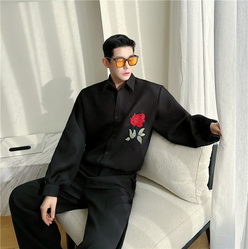Heavy Weight Mens Shirt With An Embroidered Rose Pattern And A Textured Jacquard Weave
