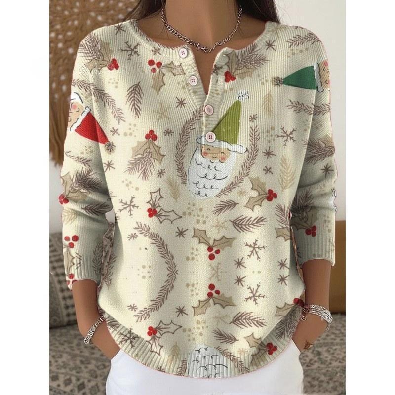 Retro Christmas 3D Digital Printing Four-button Stand Collar T-shirt