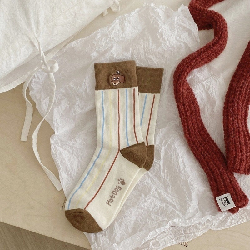Autumn And Winter Puppy Embroidery Tube Socks Flanging Cartoon Sausage Dog Vertical Bar Bunching Socks