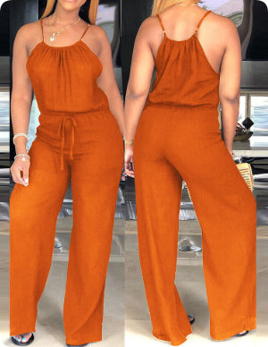 Solid Color Cotton And Linen Drawstring Casual Jumpsuit