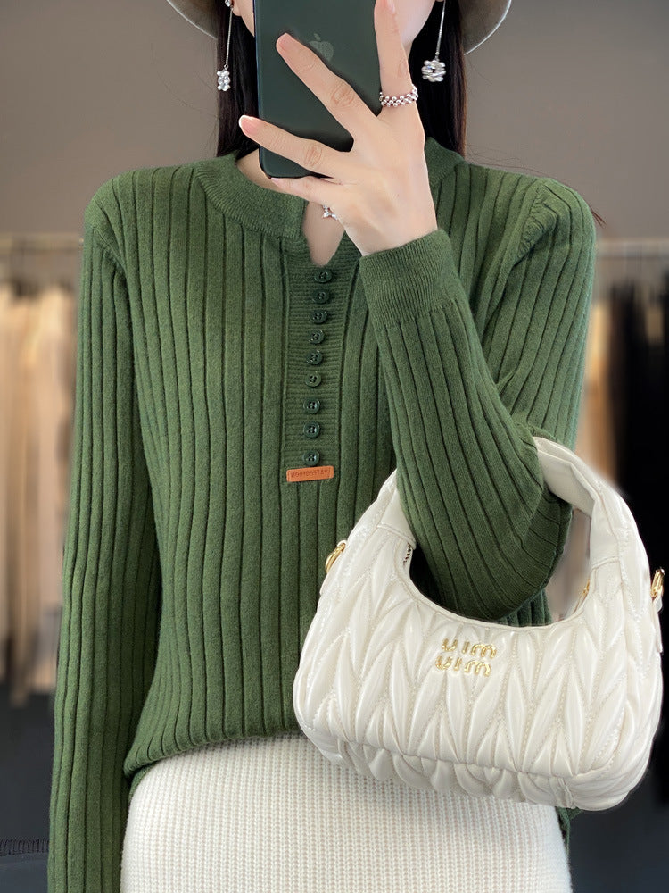 Long Sleeve Round V-neck Sweater Solid Color