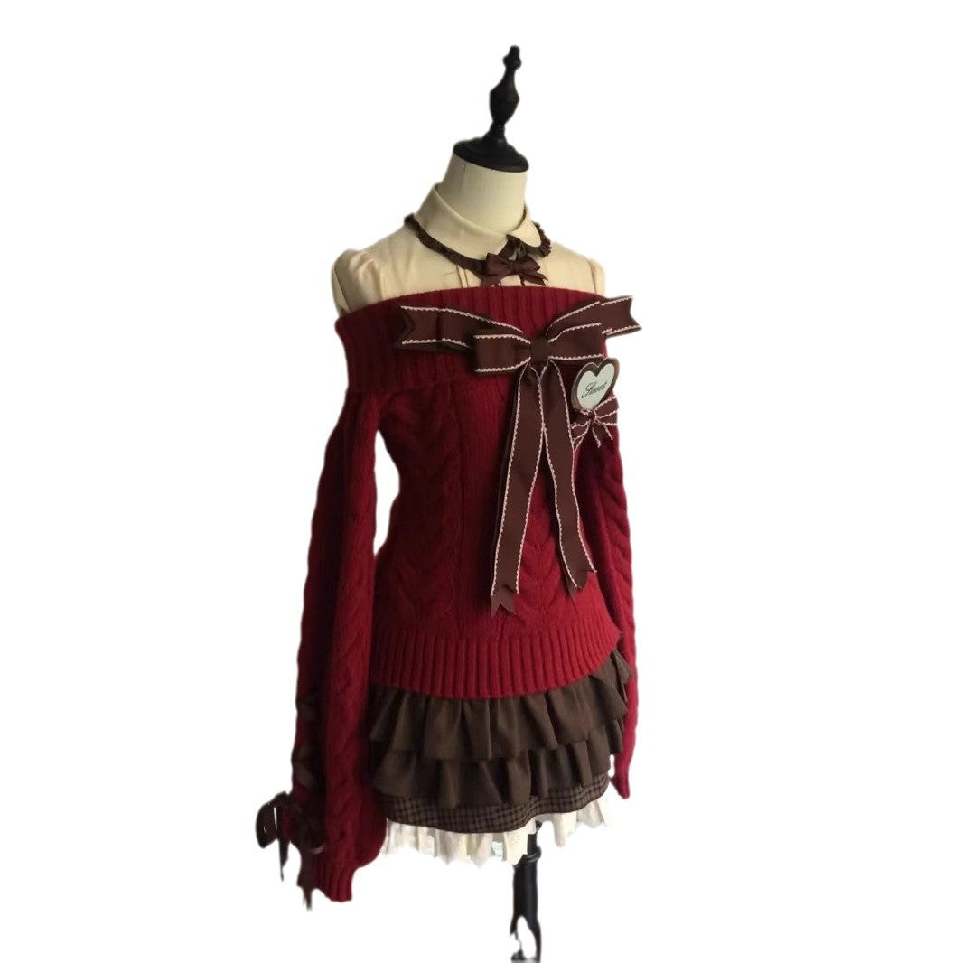 Womens Knitted Sweater And Skirt Set With Bow Detail