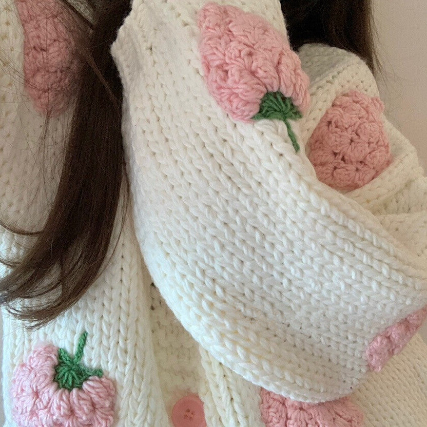 New Handmade Strawberry Lantern Sleeve Warm Sweater