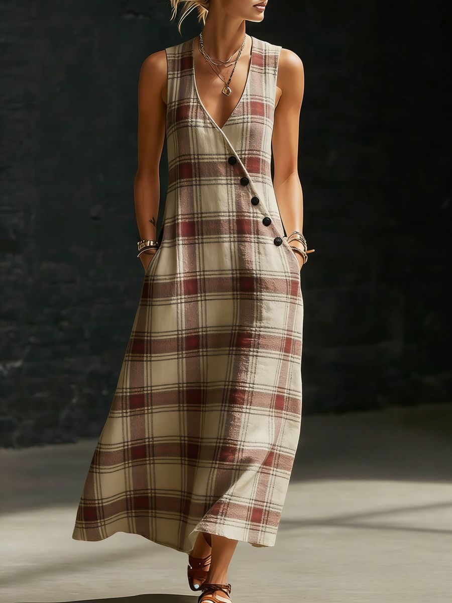 Womens Loose V-Neck Slant-Button Dress