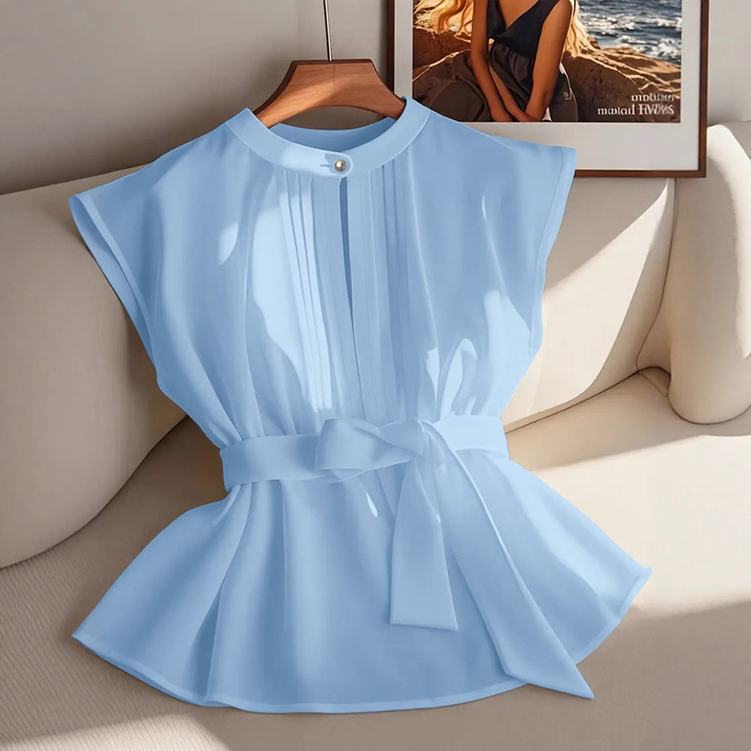 Classic Elegant Solid Color Sleeveless Belted Pleated Shirt