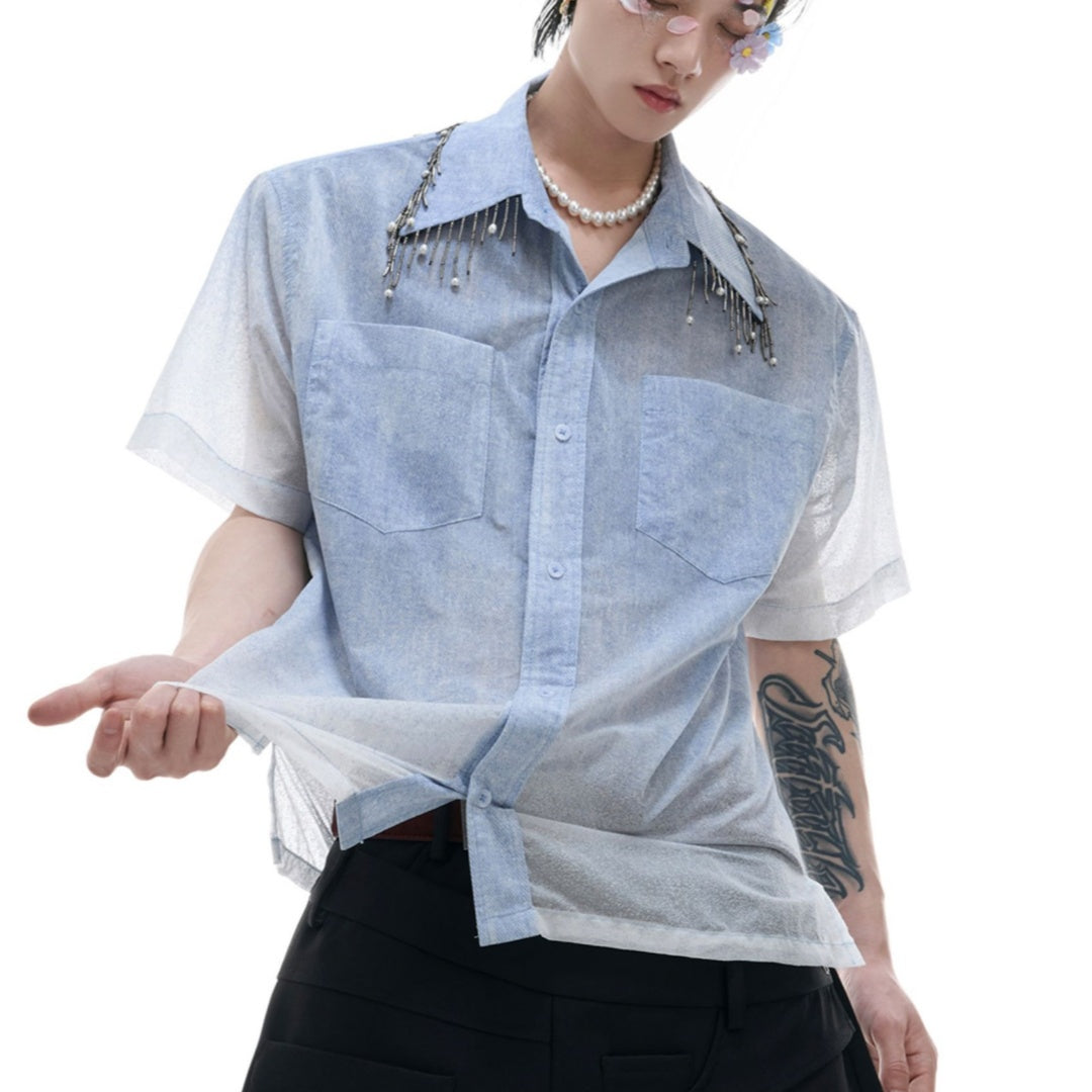 Men's Loose Blue And White Gradient Short Shirt